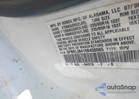 2006 Honda Odyssey Ex from USA, damaged, VIN 5FNRL38416B458065